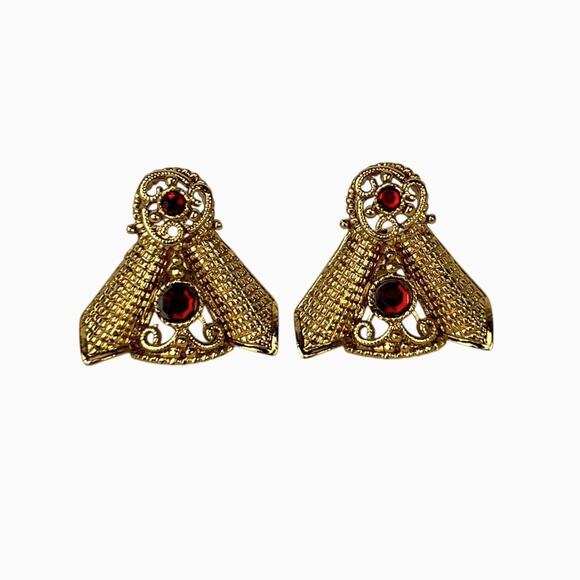 Vintage Earrings Red Rhinestones Gold Tone Intricate Detail Texture Pierced Post - Picture 6 of 8